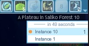 The instance-switcher in the top right of the screen, showing a list of instances, and the number of players next to each instance (in this case, one player on instance 10). The cooldown on the top indicates when that the player has recently switched instances, and when they can switch instances again.